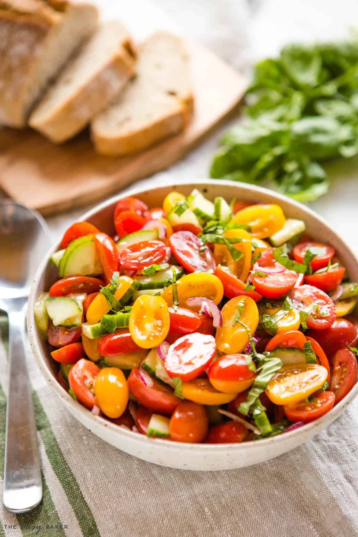 easy cherry tomato cucumber salad with basil and red onion