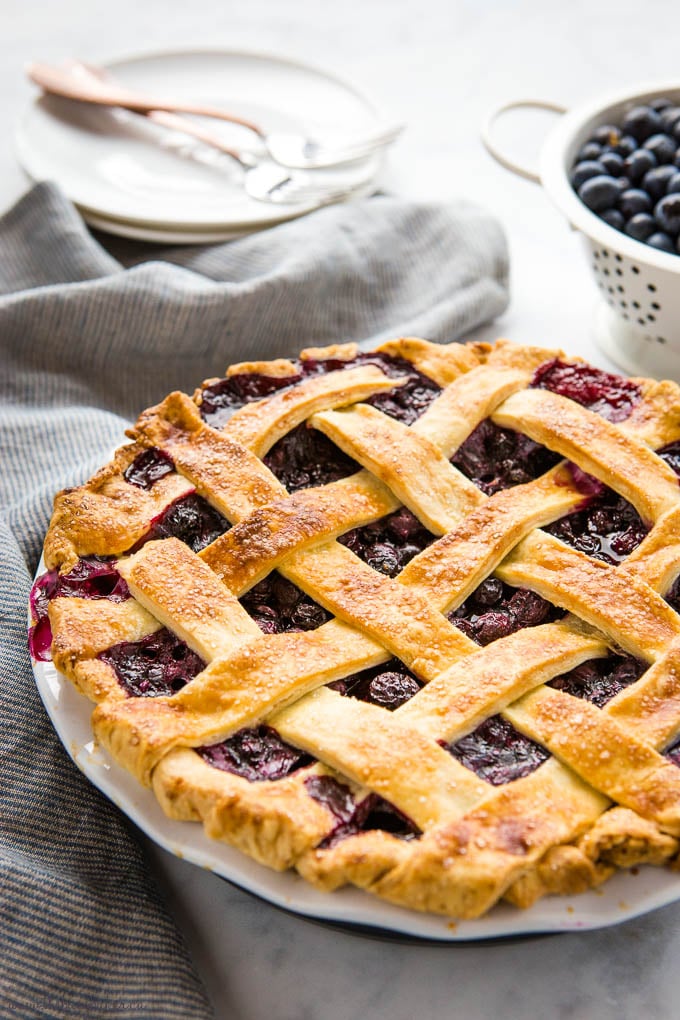 baked blueberry pie with lattice crust