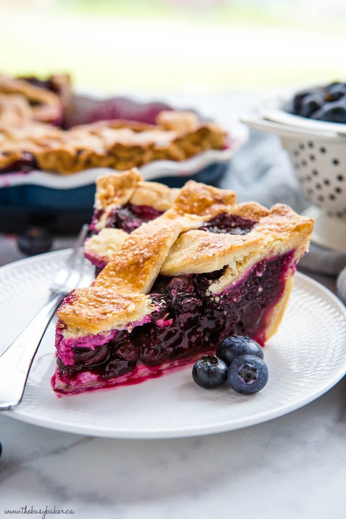 slice with blueberry pie filling with lattice top, on white dessert plate with fork