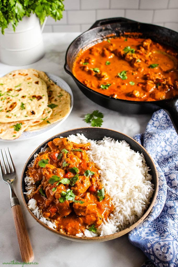 butter chicken sauce with rice and cilantro in a bowl