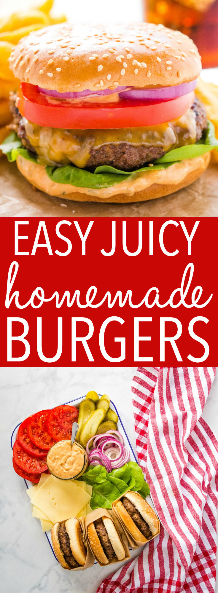 These Easy Juicy Homemade Burgers are tender, meaty, juicy, & SO easy to make with just a few basic ingredients! Plus pro tips for perfect homemade burgers! Recipe from thebusybaker.ca! #burgers #perfectburgers #protips #homemade #grilling #hamburgers #summer via @busybakerblog