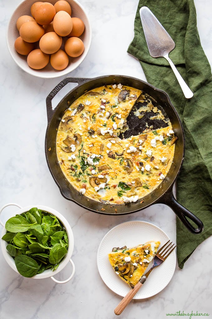 overhead image: cast iron skillet with mushroom spinach egg frittata