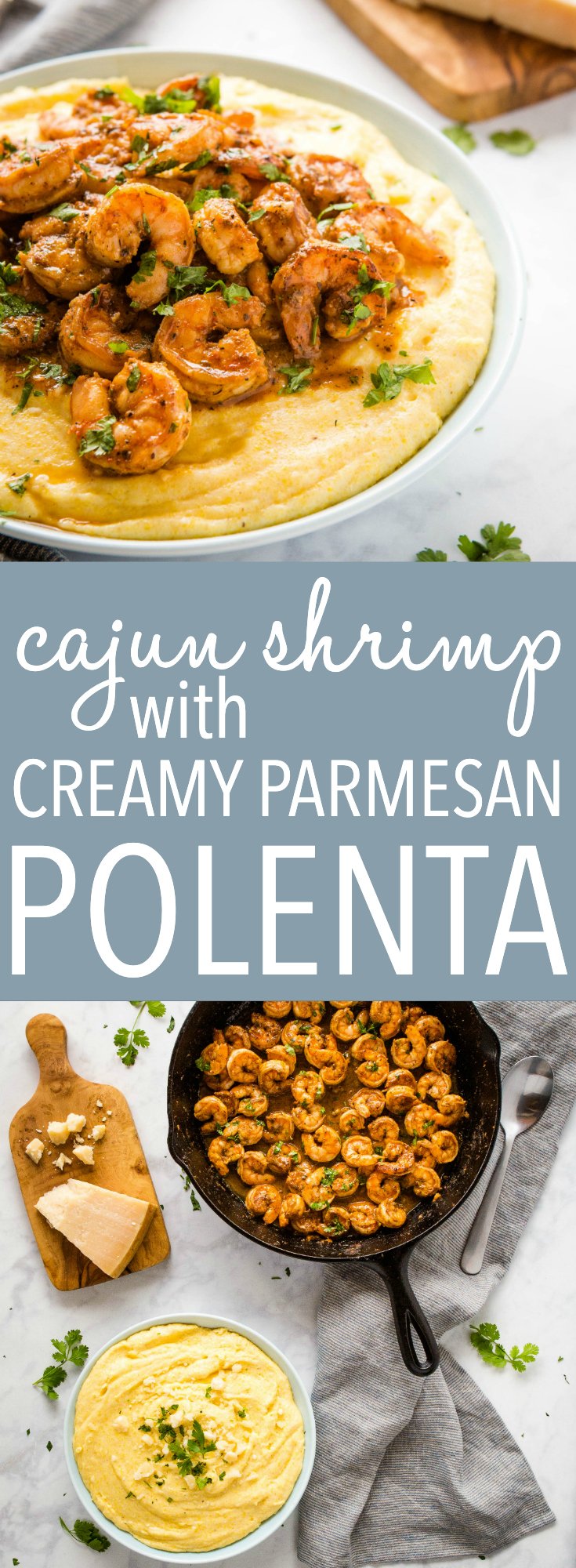 This Easy Cajun Shrimp with Creamy Parmesan Polenta is an easy comfort-food meal idea that's packed with flavour - ready in 25 minutes! Recipe from thebusybaker.ca! #polenta #grits #cornmeal #cajunshrimp #shrimpandgrits #sauce #easymeal #30minutemeal #familymeal #restaurantquality via @busybakerblog