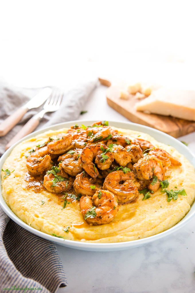 shrimp and grits in blue bowl