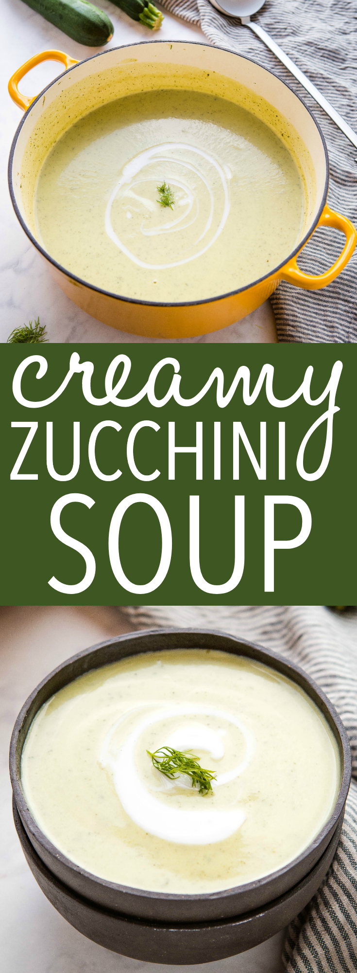 This Creamy Zucchini Soup recipe is the perfect way to use up all those garden zucchini! A simple vegetarian soup recipe made with fresh zucchini and herbs (with a dairy-free option)! Recipe from thebusybaker.ca! #zucchinisoup #garden #creamy #dairyfree #homemadesoup #recipe #gardening via @busybakerblog