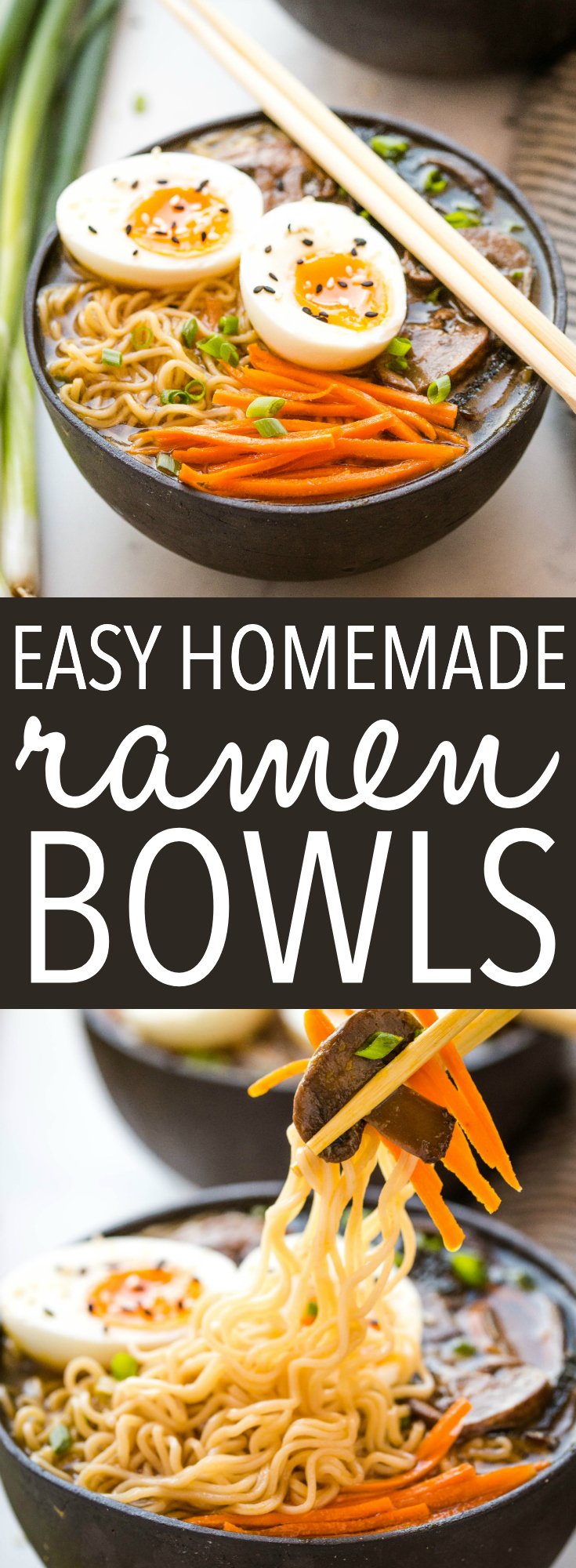 These Easy Homemade Ramen Bowls are the perfect easy lunch for busy days made with lots of veggies, noodles, and a savoury broth. Top it with a boiled egg and green onions! Recipe from thebusybaker.ca! #ramen #takeout #copycat #homemade #bowl #eggs #noodles #asian #restaurant #vegetarian #healthy via @busybakerblog