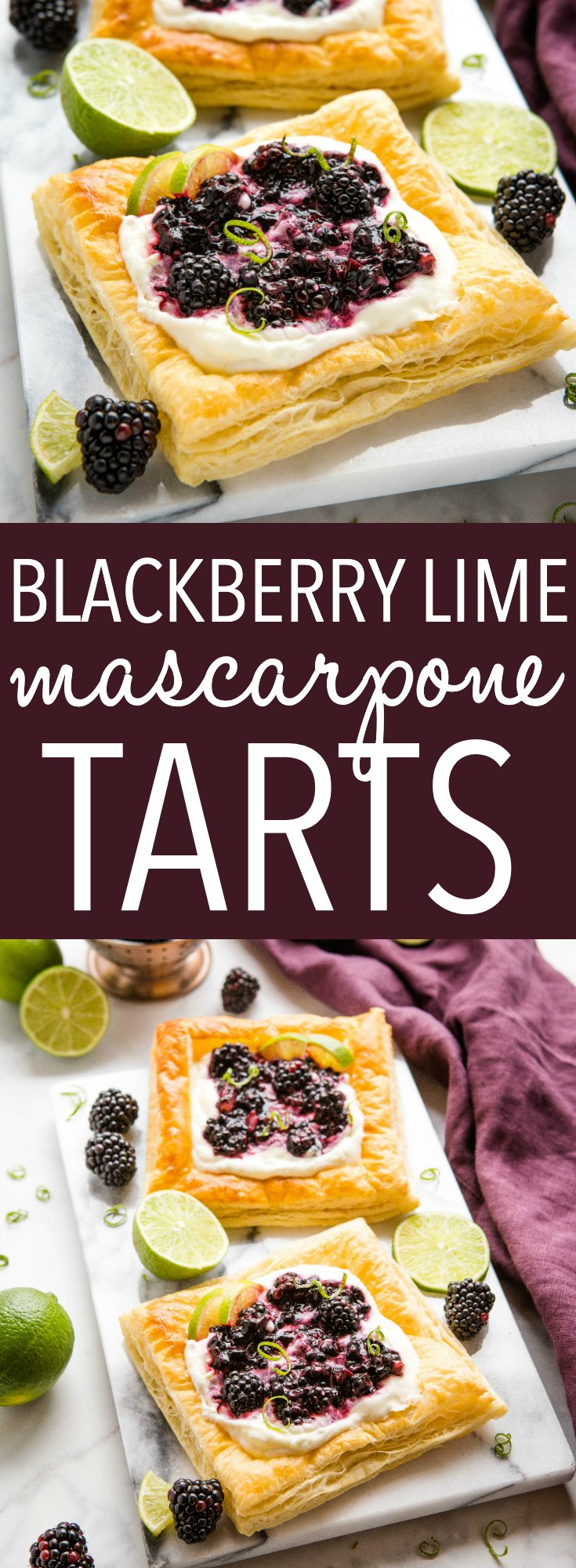 These Blackberry Lime Mascarpone Tarts are light-tasting, citrusy and sweet, and a delightful treat that's perfect for breakfast, brunch or even dessert. They're easy to make and feature a creamy and delicious filling with fresh, juicy blackberries! Recipe from thebusybaker.ca! #tarts #danish #brunch #breakfast #blackberries #lime #dessert #puffpastry via @busybakerblog