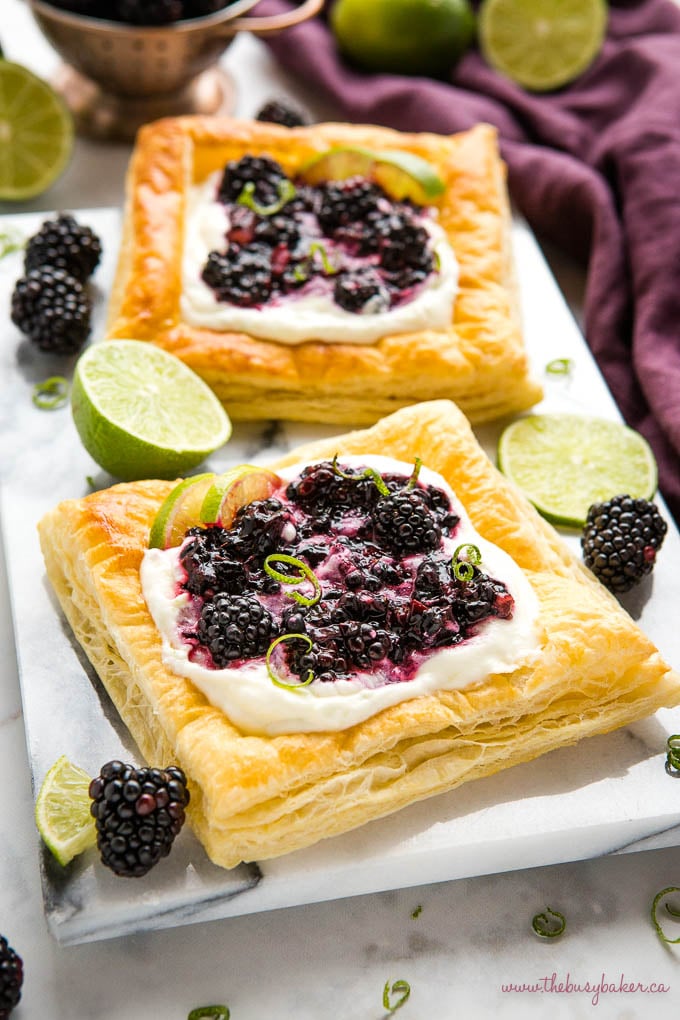 puff pastry danish with mascarpone filling, lime zest and fresh juicy blackberries