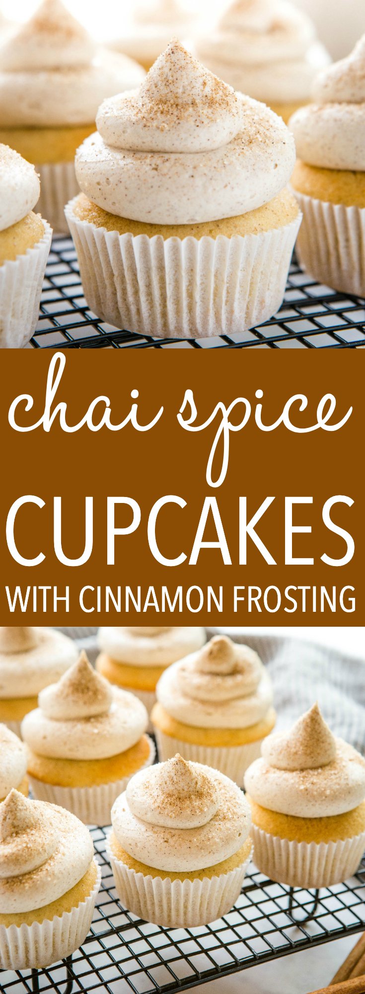 These Chai Spice Cupcakes with Cinnamon Frosting are the perfect warm and comforting dessert for fall and winter! A tender vanilla cupcake infused with cinnamon, cardamom, and ginger topped with a sweet cinnamon buttercream. Recipe from thebusybaker.ca! #chai #chailatte #cupcakes #tea #comfortfood #winter #fall #cinnamon #cardamom #ginger #spice via @busybakerblog