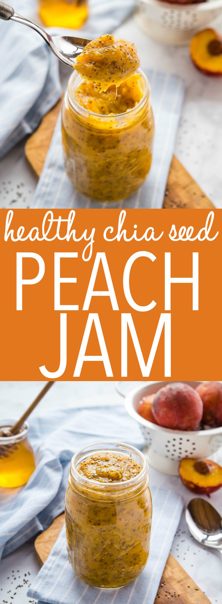 This Healthy Chia Seed Peach Jam is a healthy, easy homemade jam recipe made with fresh peaches, chia seeds and honey! Only 3 ingredients and no refined sugar added! Recipe from thebusybaker.ca! #chiaseed #healthy #vegetarian #norefinedsugar #sugarfree #jam #canning #homemade #harvest #peaches #fruit via @busybakerblog