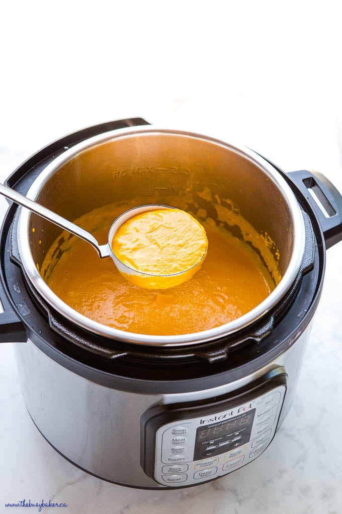 Instant Pot Carrot Ginger Soup with white ladle