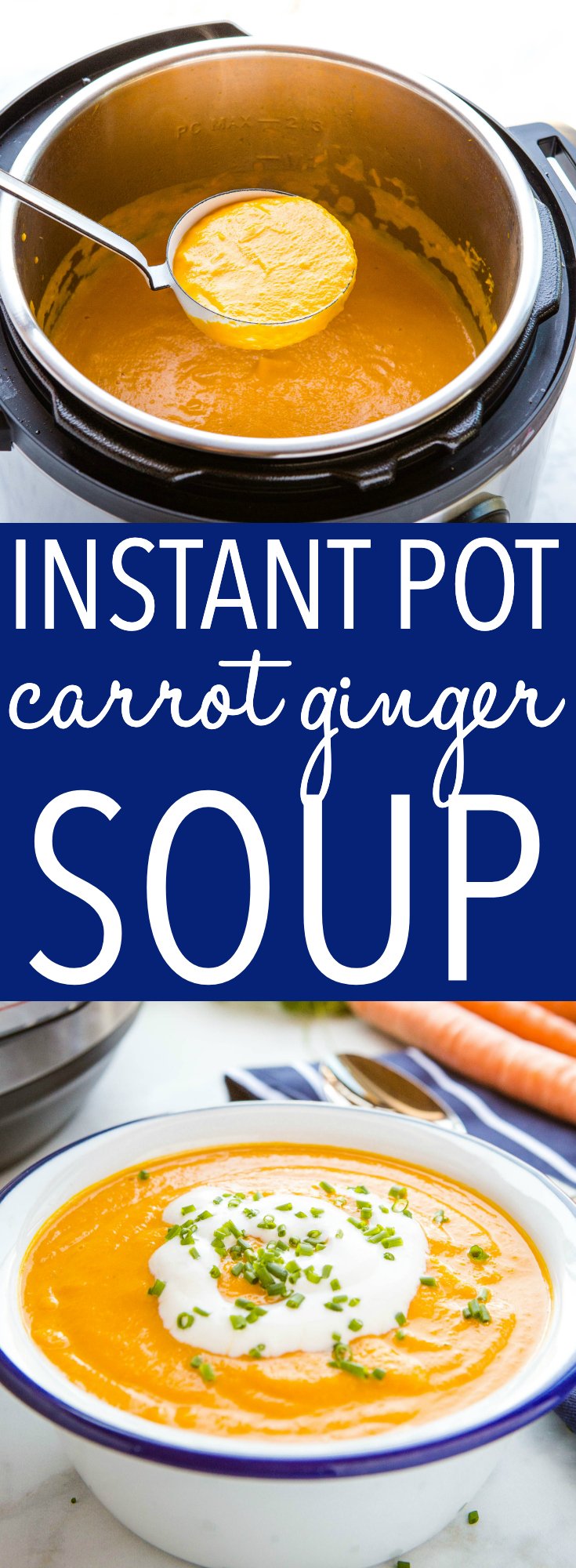 This Instant Pot Carrot Soup is warm, hearty, and flavoured with spicy ginger and creamy coconut. It's healthy, made with only a few ingredients, and it's so easy to make! Recipe from thebusybaker.ca! #carrotsoup #homemadesoup #instantpot #pressurecooker #easymeal #mealidea #mealprep #healthy #vegan #vegetarian via @busybakerblog