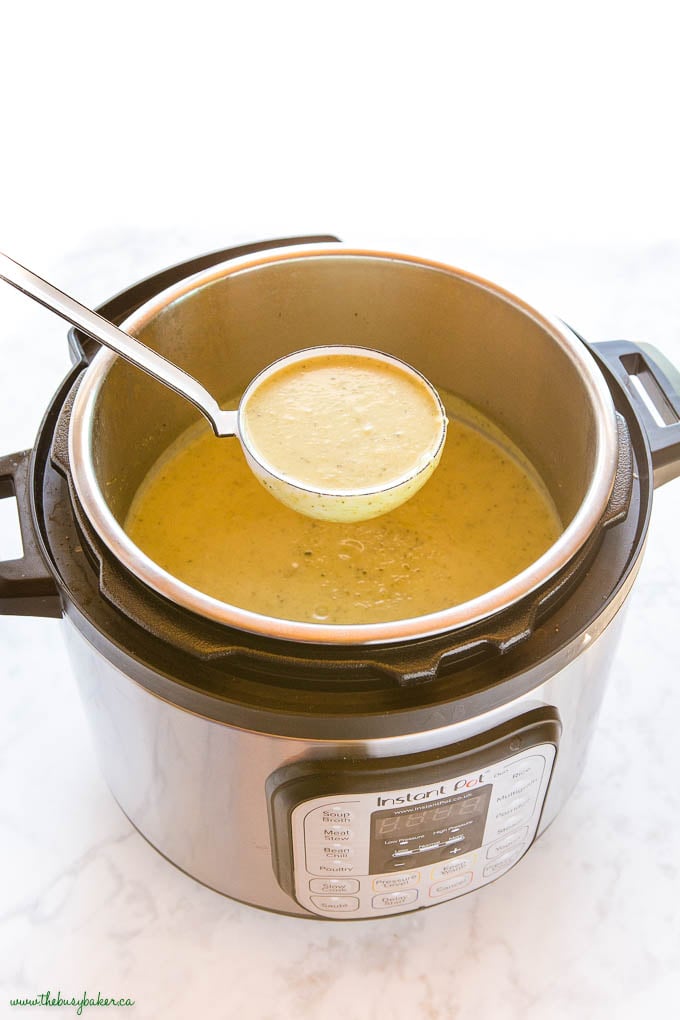 ladle of creamy zucchini soup in the Instant Pot