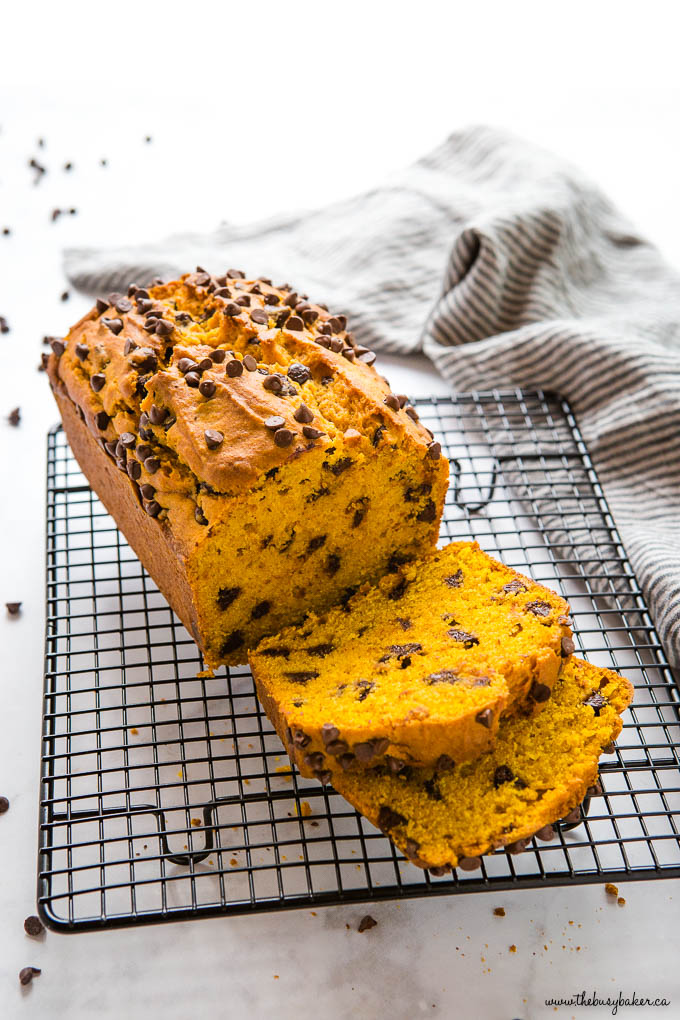 best ever pumpkin bread sliced on wire rack with chocolate chips