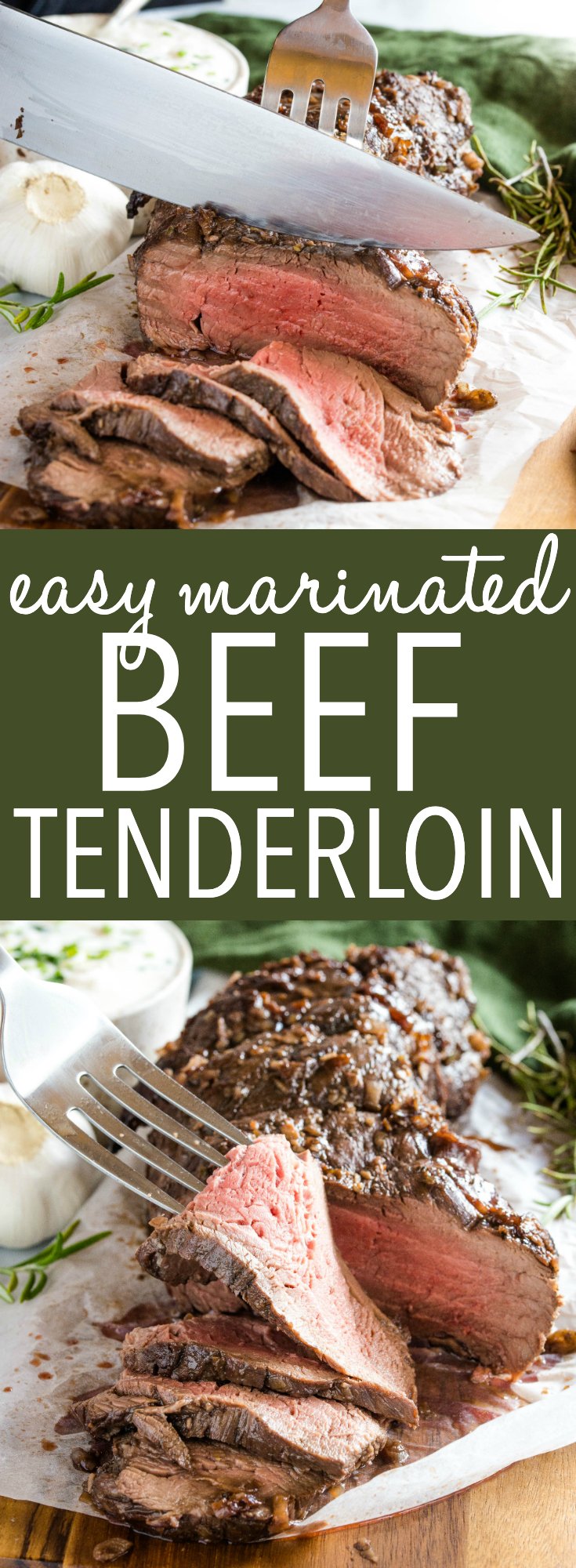 This Beef Tenderloin recipe is perfectly tender & juicy and packed with flavour - Easy to make with a simple marinade and great for the holidays served with horseradish sauce! Recipe from thebusybaker.ca! #holidays #beef #tenderloin #steak #horseradish #sauce #marinade #marinated #meat #roasted #christmas #holidays #newyears #celebration via @busybakerblog