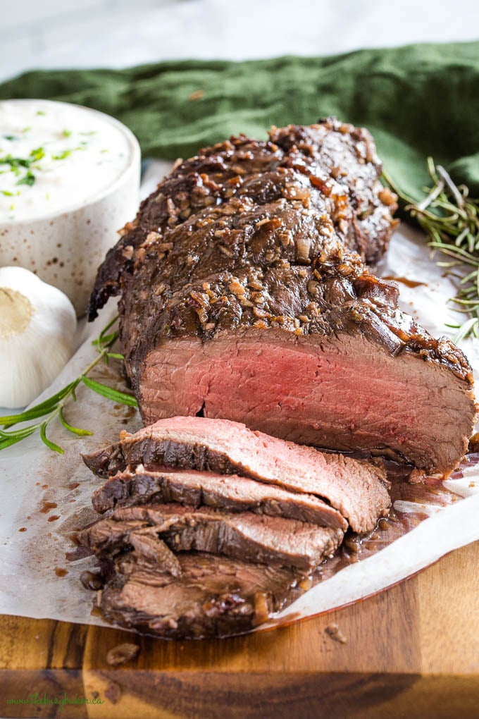 Beef Tenderloin, pink inside with garlic and horseradish sauce