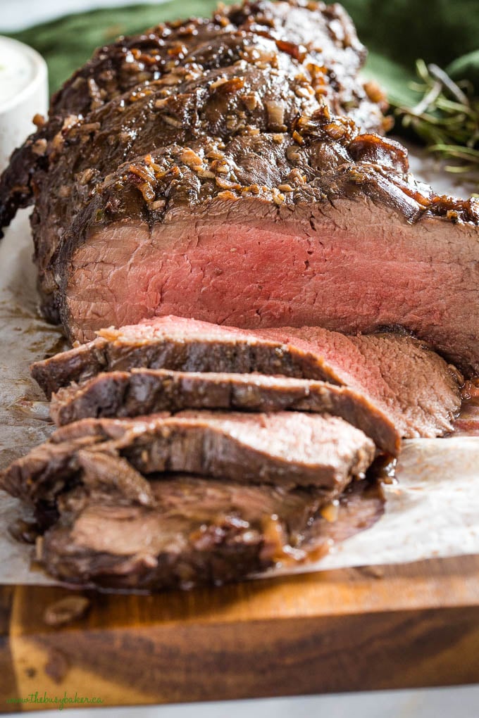 closeup of beef tenderloin roast, medium rare