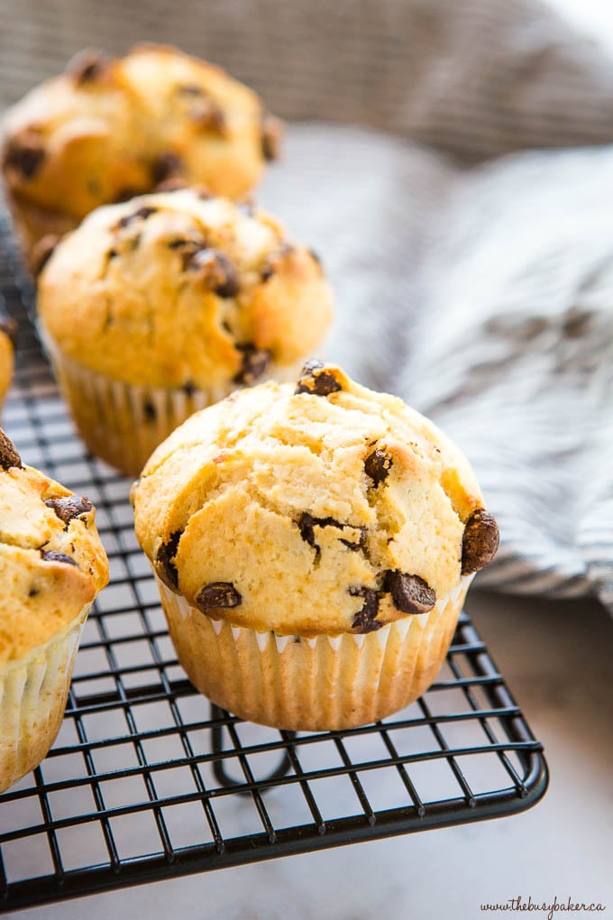 chocolate chip muffins on black wire rack