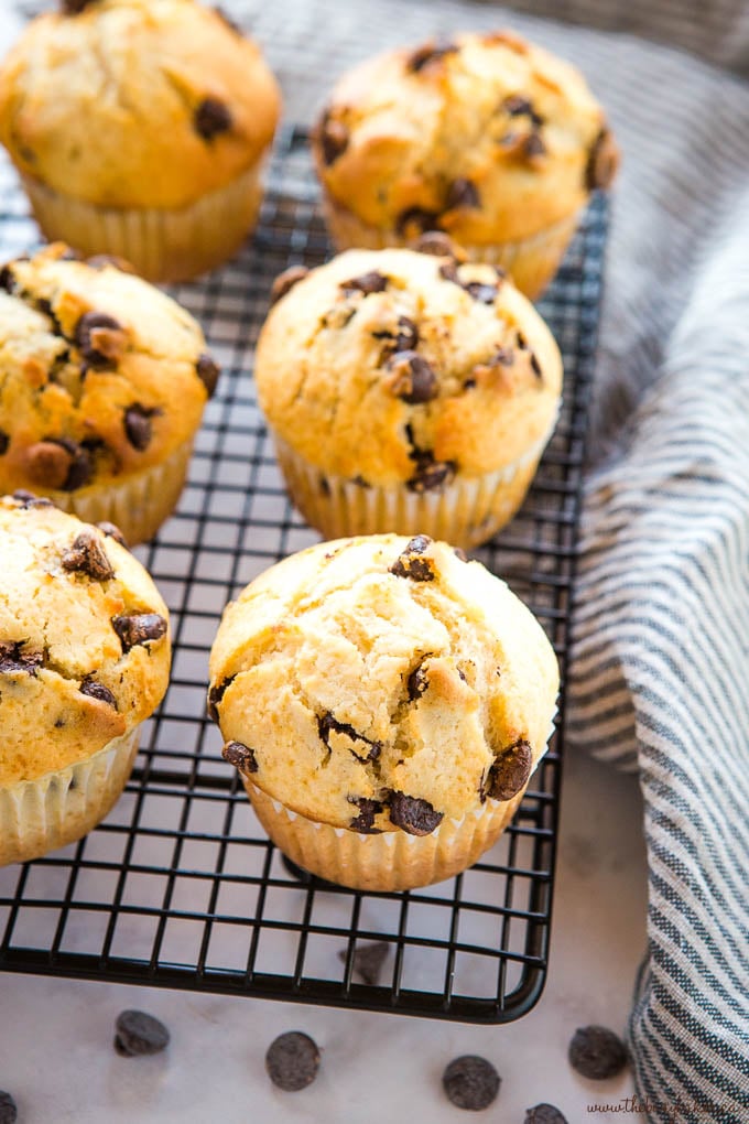 chocolate chip muffins on black wire rack