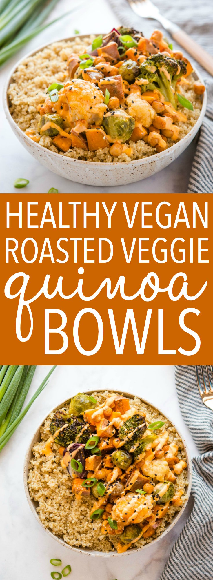 These Roasted Vegetable Quinoa Bowls are the perfect healthy lunch or dinner recipe that's great for meal prep! Make it vegetarian or vegan! Recipe from thebusybaker.ca! #quinoa #bowls #lunch #vegan #vegetarian #plantbased #protein #health #weightloss #healthyeating #vegetables #sweetpotato #mealprep via @busybakerblog