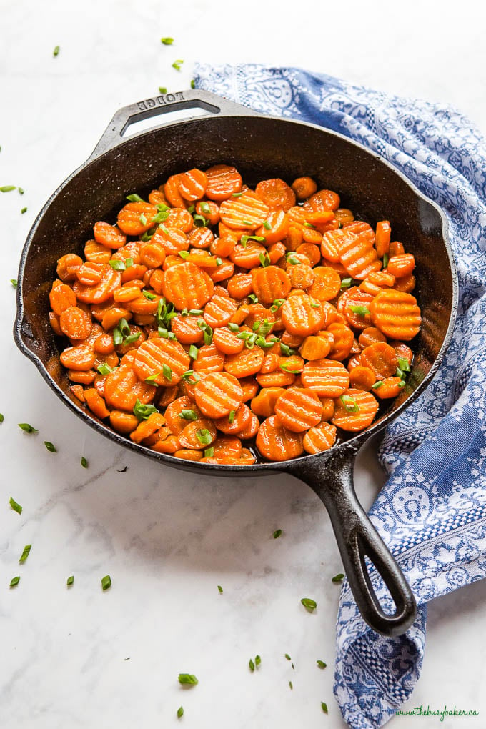 cast iron pan with crinkle cut carrots side dish