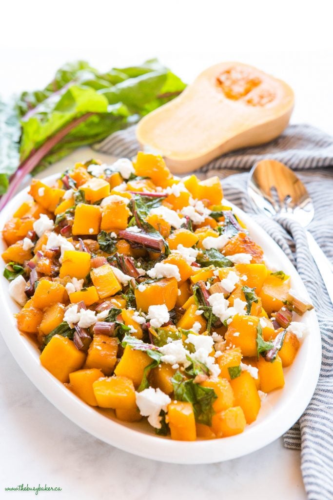 caramelized butternut squash with sautéed greens and goat cheese