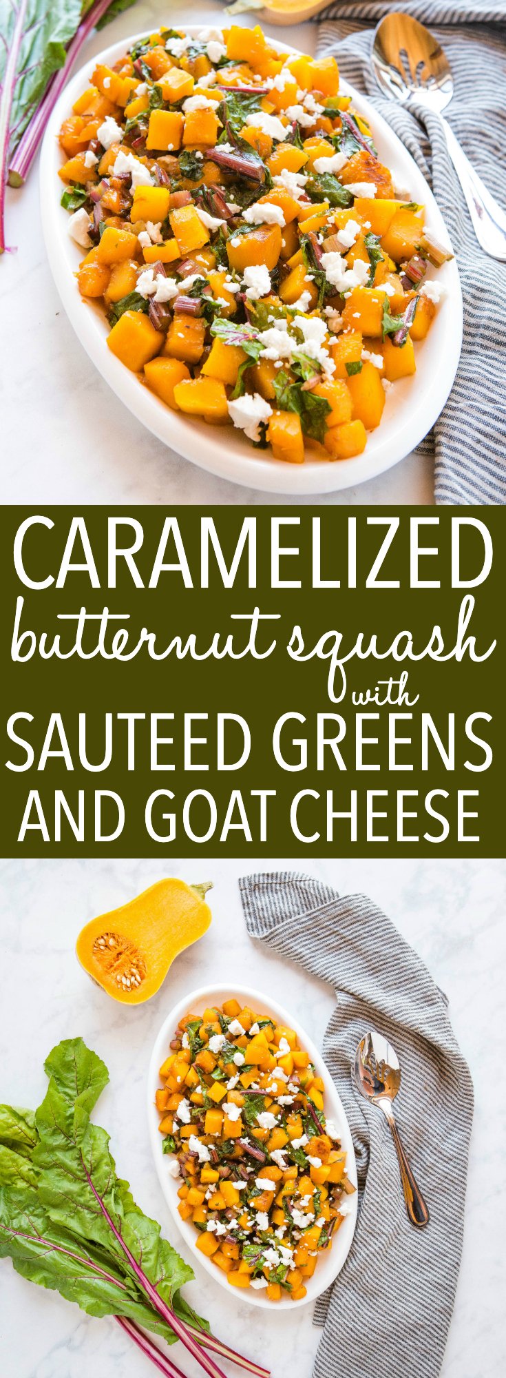 This Caramelized Butternut Squash with Sautéed Greens is the perfect ultra healthy side dish for Thanksgiving or Christmas made with sweet squash, fresh greens, maple syrup and goat cheese! Recipe from thebusybaker.ca! #butternutsquash #sidedish #vegetarian #healthy #naturalfoods #holiday #Christmas #Thanksgiving via @busybakerblog