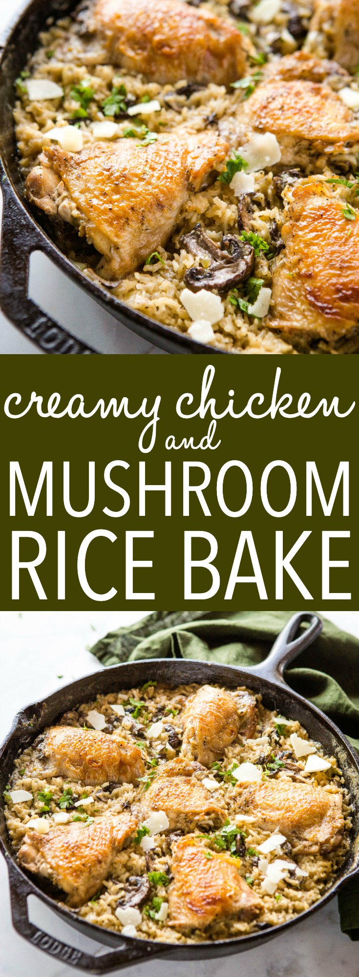 This Easy One Pan Creamy Chicken and Rice Casserole is the perfect super easy weeknight dinner with crispy chicken and creamy mushroom rice with Parmesan cheese! It's family-friendly and on the table in 45 minutes or less! Recipe from thebusybaker.ca! #parmesan #rice #chicken #crispy #creamyrice #casserole #ricebake #familymeal #easymeal #weeknightmeal #mealplan #mealprep via @busybakerblog