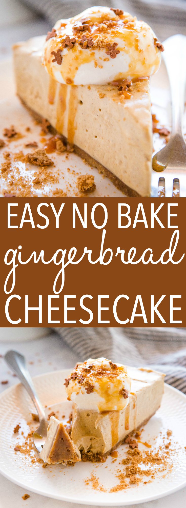 This Easy No Bake Gingerbread Cheesecake is the perfect easy-to-make holiday cheesecake dessert that's creamy, smooth and delicious made with ginger and warm spices, with a gingerbread crust! Recipe from thebusybaker.ca! #cheesecake #gingerbread #christmas #holiday #dessert #entertaining #nobakedessert via @busybakerblog