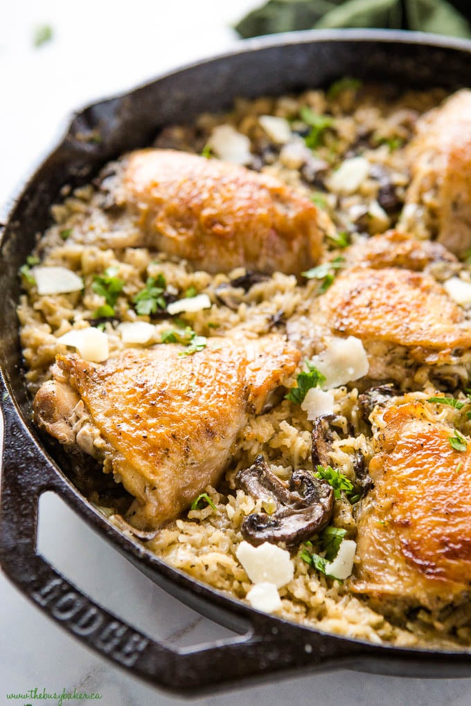 cast iron pan with crispy chicken thighs and creamy mushroom rice with shaved Parmesan cheese