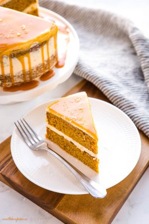 Pumpkin Cake With Salted Caramel Frosting - The Busy Baker