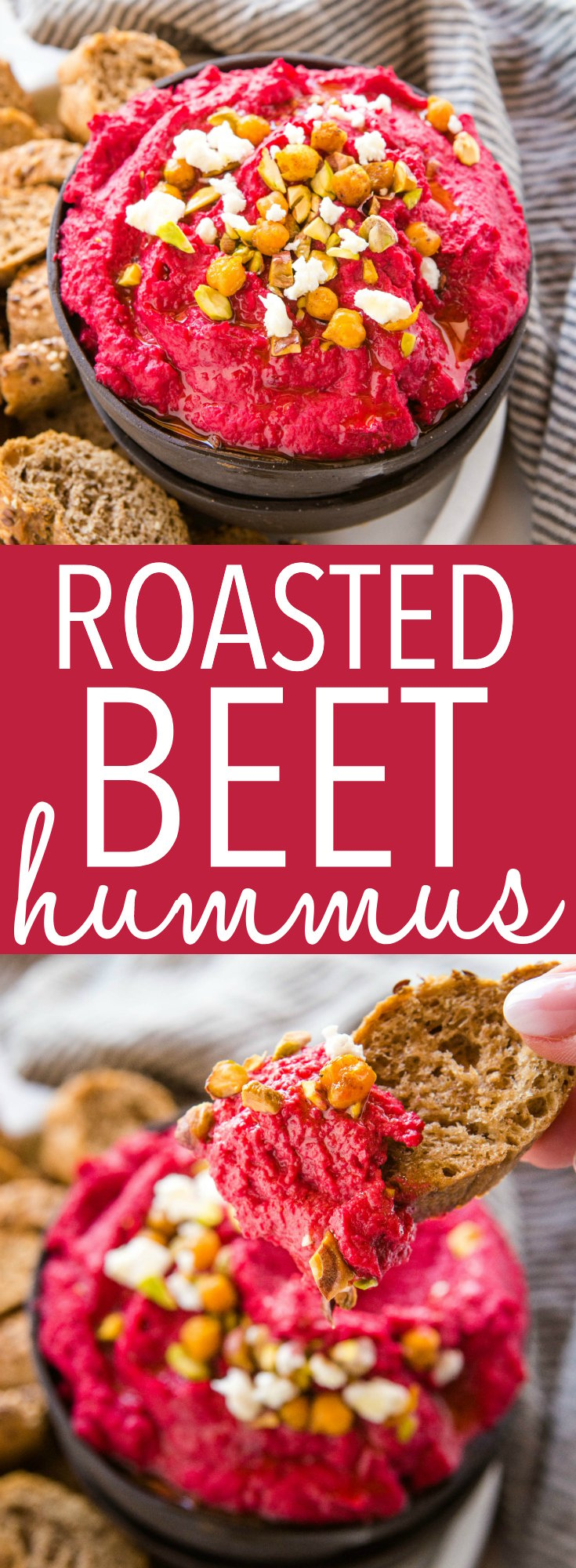 This Roasted Beet Hummus is a delicious and healthy snack made with whole roasted beets, chickpeas, and garlic! Protein packed and topped with feta & chopped pistachios! Recipe from thebusybaker.ca! #snack #hummus #roastedbeets #beethummus #vegetarian #vegan #healthy #plantbased #healthysnack #diprecipe #dip via @busybakerblog