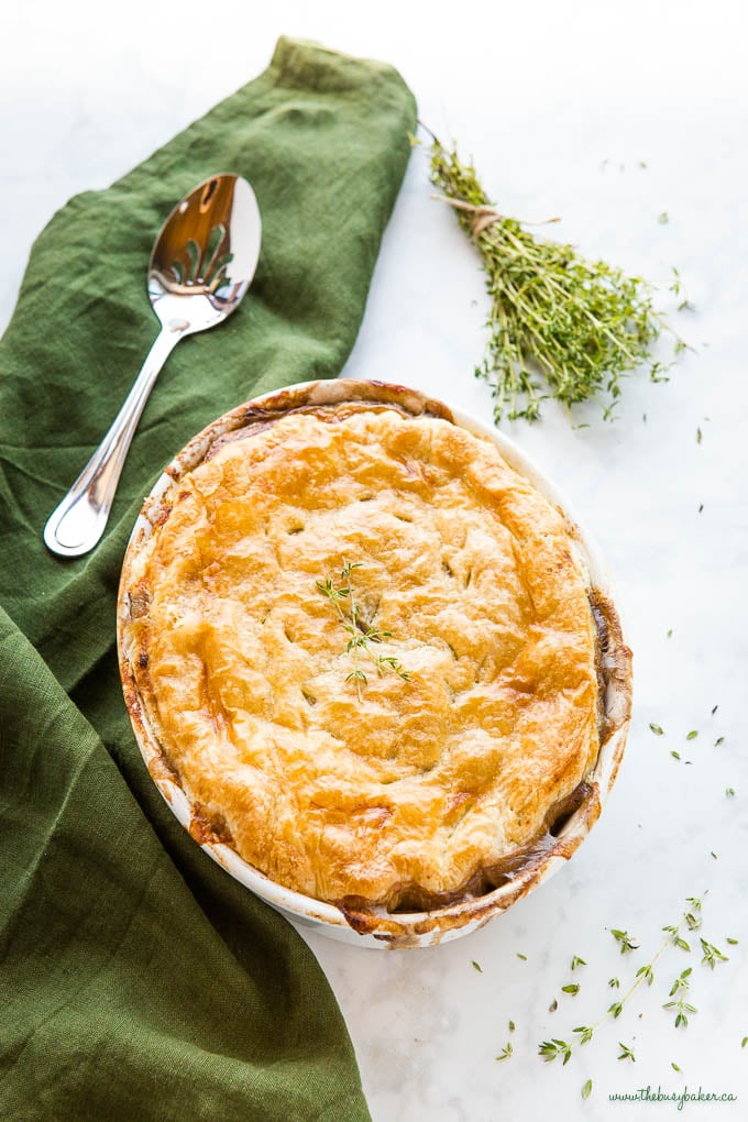 overhead image: vegetarian mushroom pot pie with fresh thyme