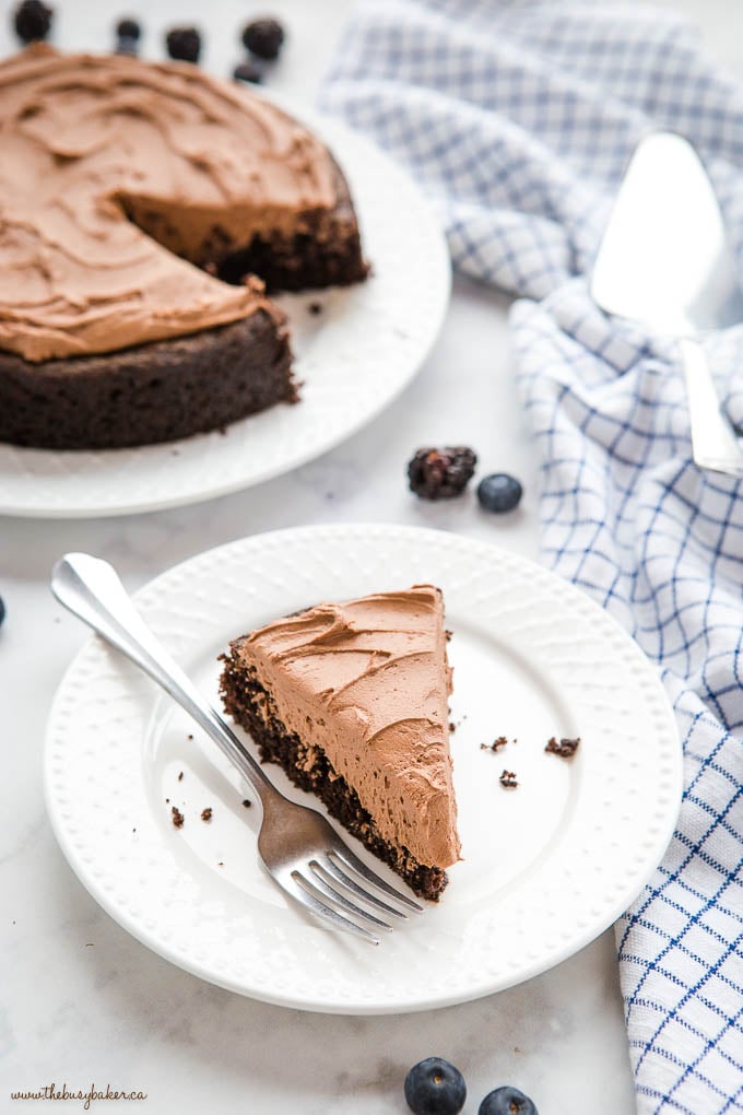 Slice of chocolate cake with frosting on white plate with fork