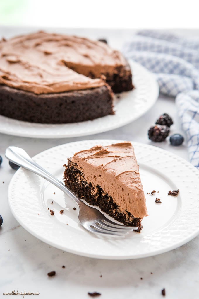 slice of chocolate cake with chocolate frosting on white plate with fork