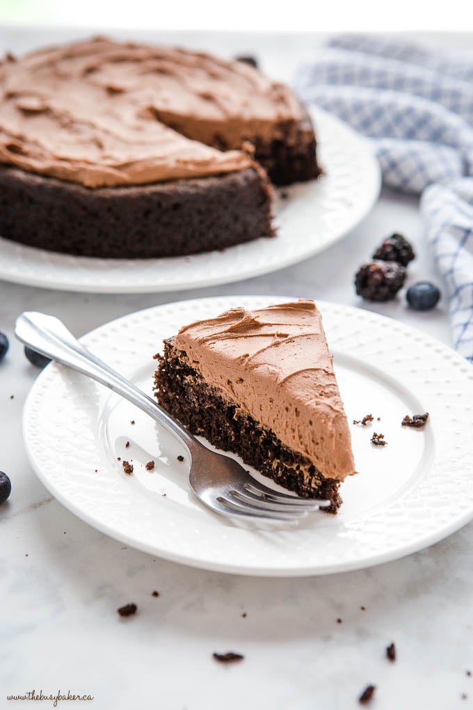 slice of chocolate cake with frosting on white plate with fork and fresh berries