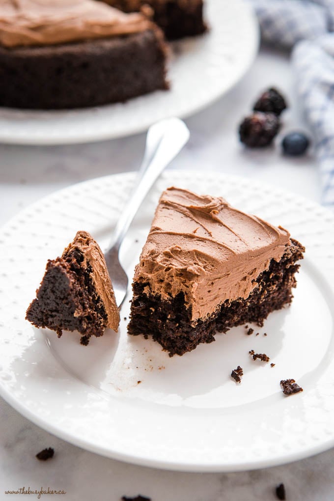 bite of chocolate cake with chocolate frosting on fork