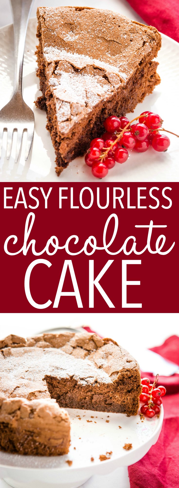 This Easy Flourless Chocolate Cake is ultra-decadent, gluten-free, and perfectly dense and chocolatey! Only 6 ingredients! Recipe from thebusybaker.ca! #flourless #glutenfree #chocolate #cake #dessert #decadent #homemade #sweet #restaurantquality #flourlesschocolatecake via @busybakerblog