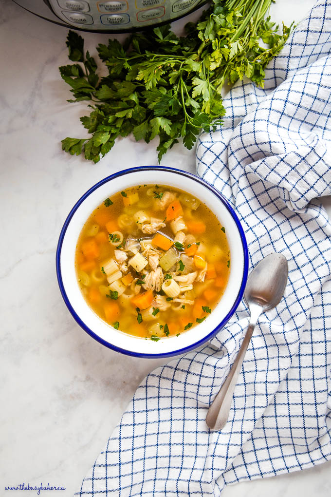 overhead image: bowl of Easy Instant Pot Chicken Noodle Soup in white bowl with blue rim