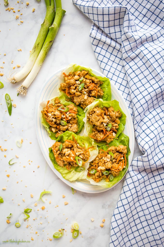overhead image: platter of 5 low carb thai chicken lettuce wraps with chopped peanuts and green onions