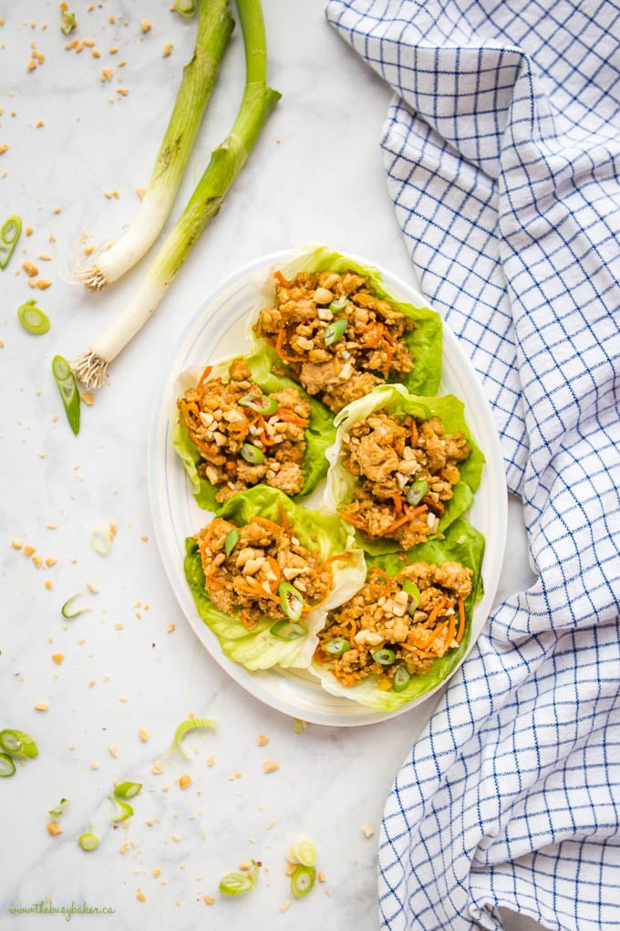 overhead image: plate of thai chicken lettuce lettuce wraps with carrots, green onions and chopped peanuts