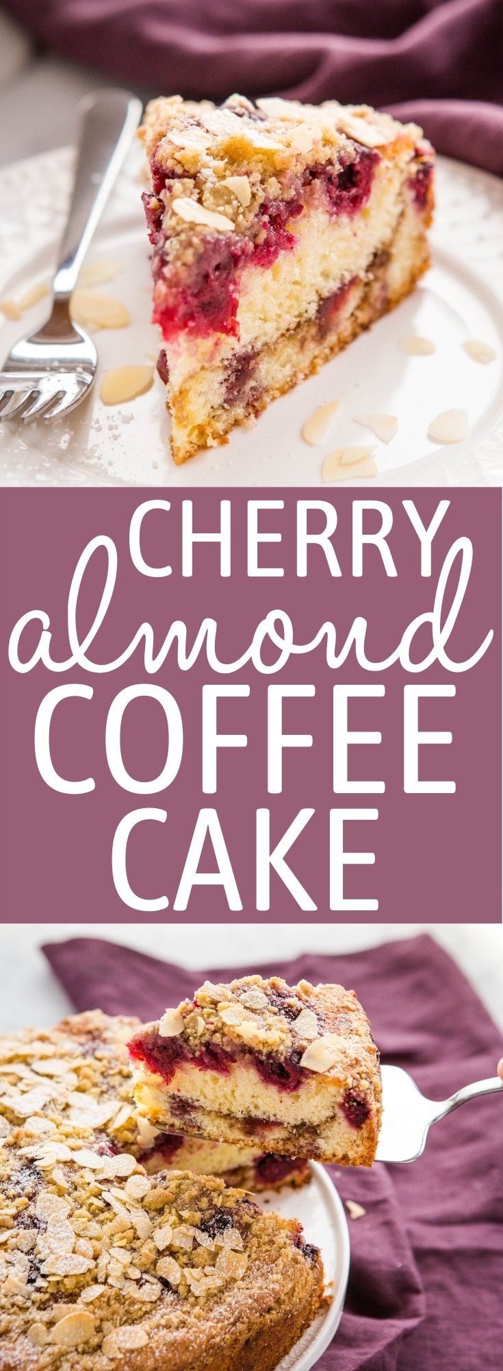 This Cherry Almond Coffee Cake is the perfect moist and fluffy coffee cake packed with sweet cherries, a cinnamon sugar swirl, and the best streusel topping with sliced almonds! Recipe from thebusybaker.ca! #coffeecake #cherryalmond #cake #sweet #treat #baking #homemade #recipe via @busybakerblog