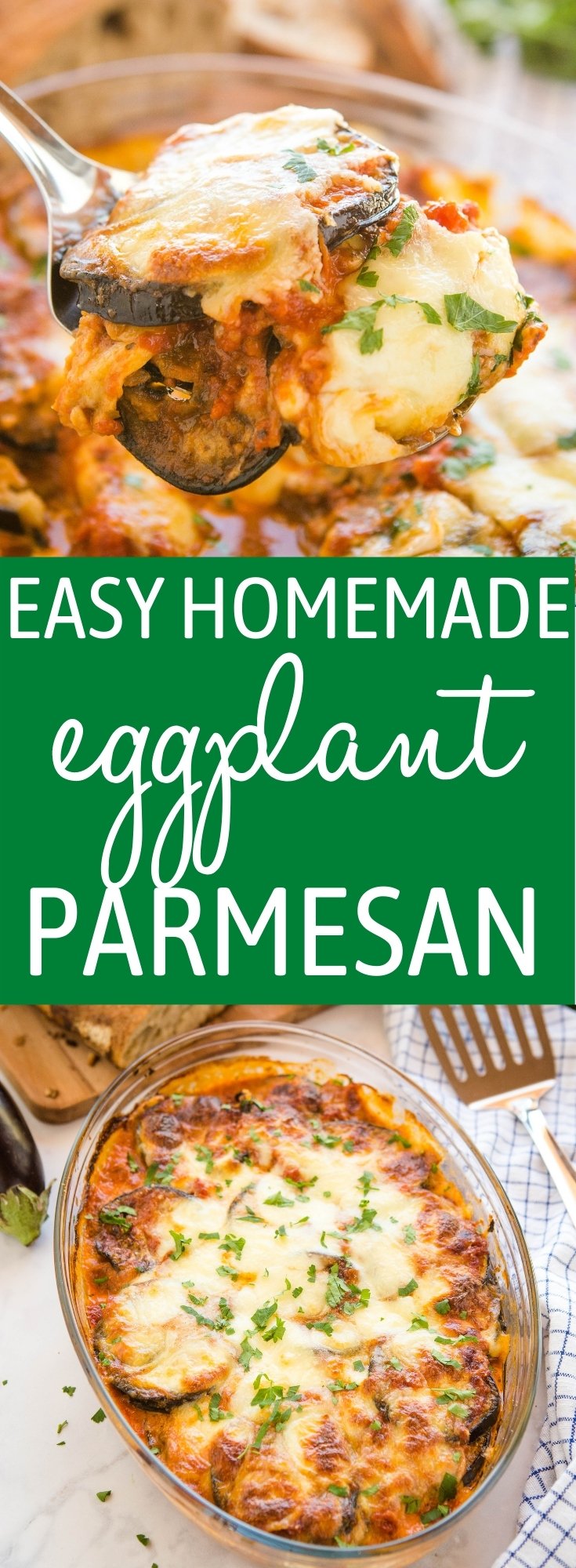 This Easy Eggplant Parmesan is a deliciously cheesy vegetarian meal idea made with fresh eggplants, savoury parmesan and mozzarella cheese, and an easy homemade tomato sauce! Recipe from thebusybaker.ca! #eggplantparmesan #parmesan #cheese #vegetarian #eggplant #plantbased #mealidea #weeknightmeal #easymeal #familymeal #italian via @busybakerblog