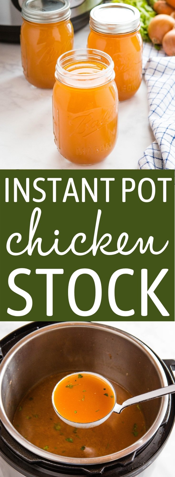 This Instant Pot Chicken Stock is the perfect quick and easy homemade chicken stock recipe that's healthy and flavourful! Use it in all your favourite soups and stews - perfect for cold and flu season! Recipe from thebusybaker.ca! #recipe #stock #chickenstock #chickenbroth #soup #homemade #homesteading #health #healthy via @busybakerblog