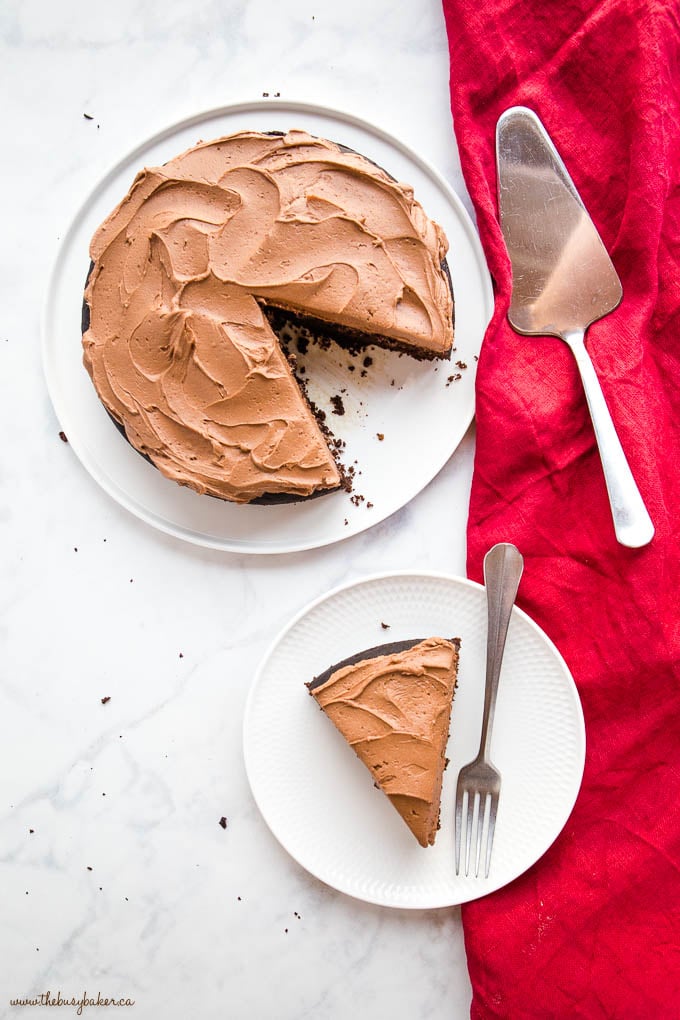 overhead image: easy instant pot chocolate cake with chocolate frosting