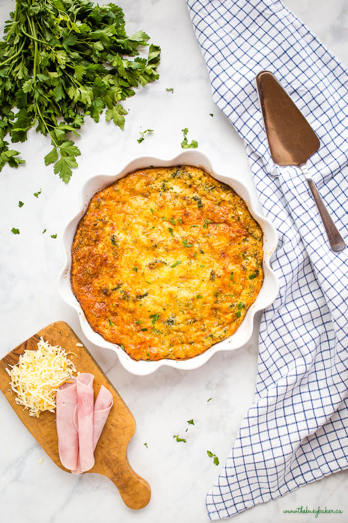 overhead image: crustless quiche with herbs, ham and cheese