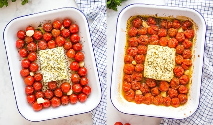 baked feta and cherry tomatoes in white pan with blue rim