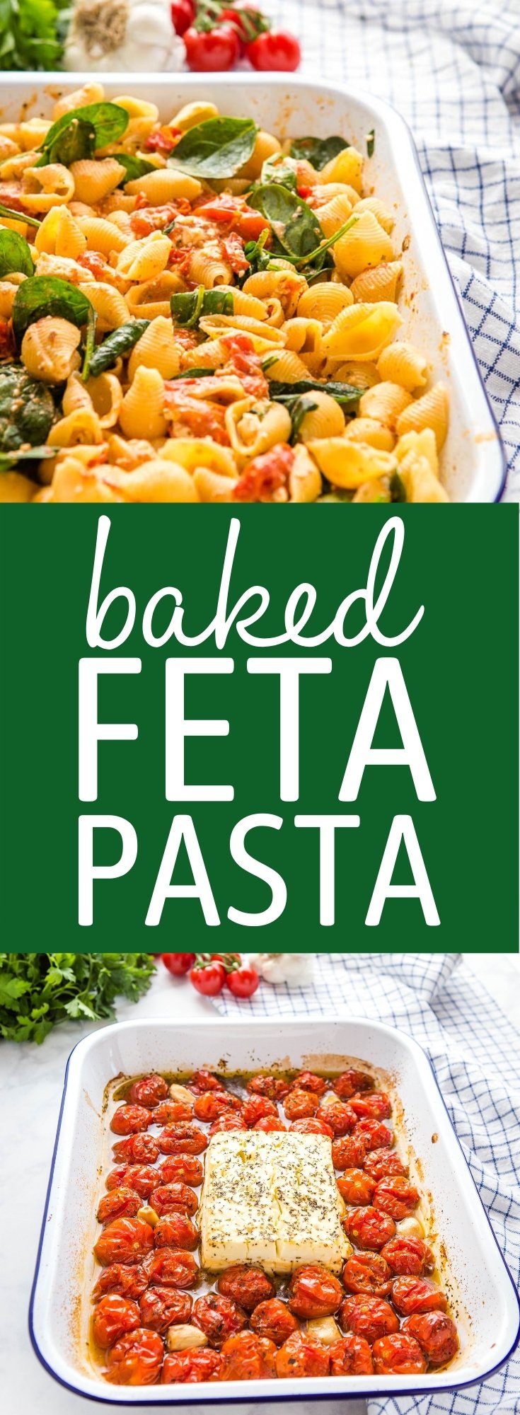 This Easy Baked Feta Pasta is a simple vegetarian meal on the table in 30 minutes. Made with classic feta cheese, cherry tomatoes, garlic, and spinach. Recipe from thebusybaker.ca! #bakedfetapasta #tiktokpasta #viralfetapasta #vegetarian #easymeal #familymeal #greek #italian via @busybakerblog