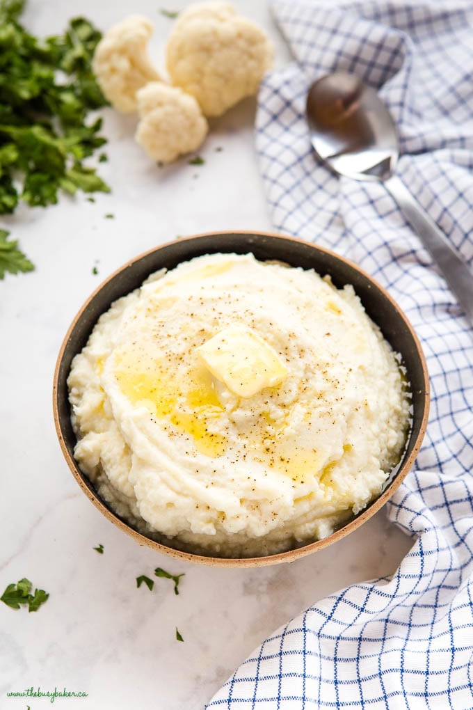 bowl of low cauliflower mash with butter
