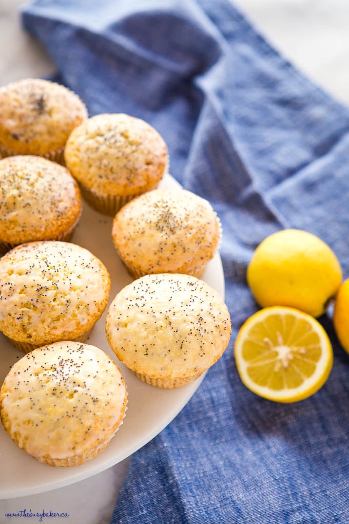 lemon poppy seed muffins on cake stand